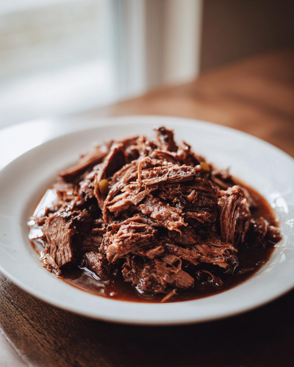 A close-up of tender, shredded Mississippi pot roast served in its rich brown gravy on a white plate.