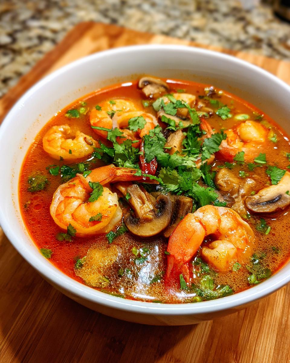 A close-up view of a white bowl filled with vibrant red tom yum soup featuring large shrimp and sliced mushrooms, garnished with cilantro.
