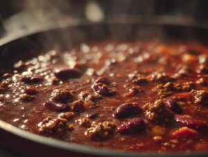 Close-up of rich, steaming chili simmering in a pot, featuring ground meat and kidney beans—the best chili recipe.