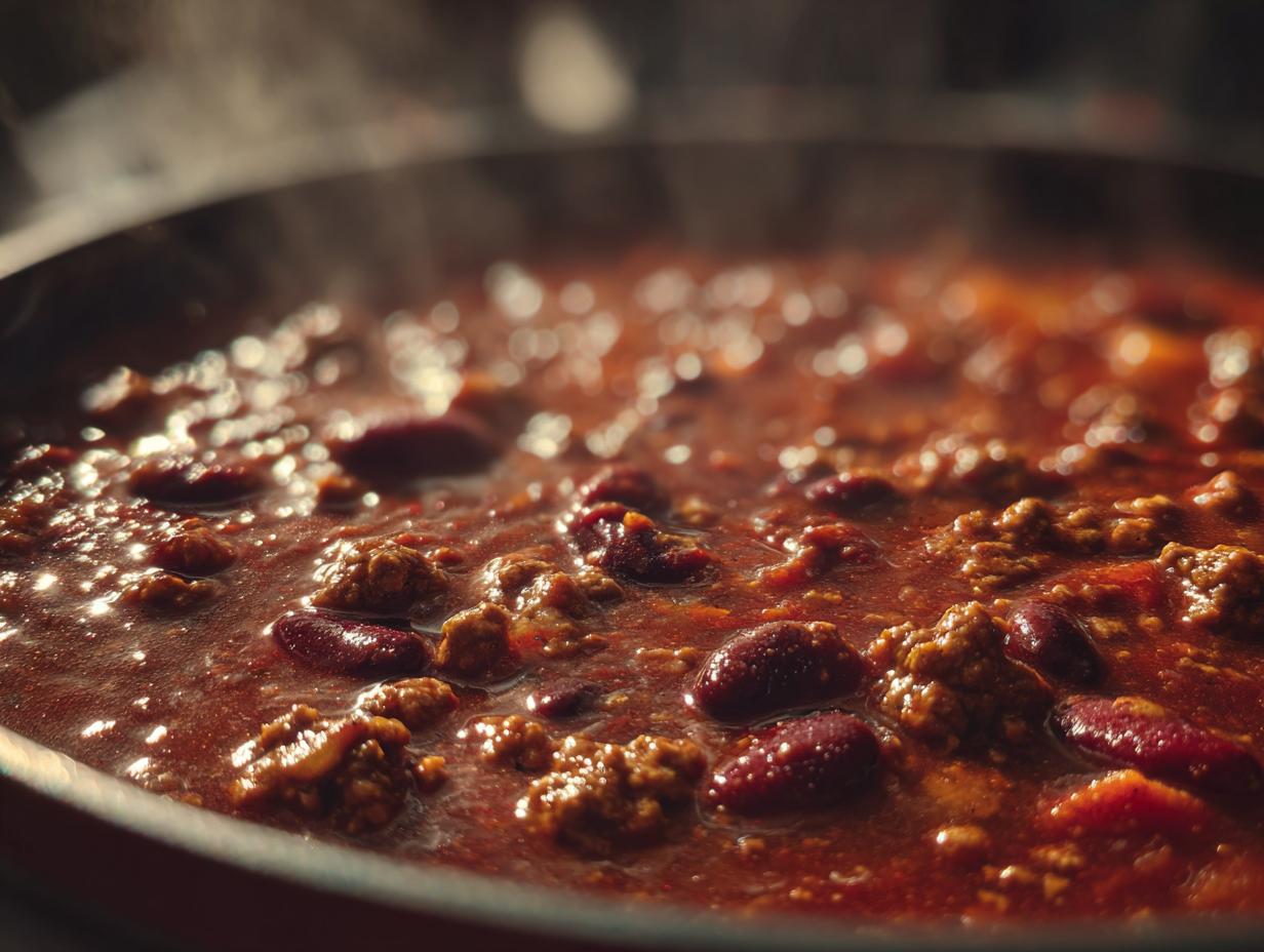Close-up of rich, steaming chili simmering in a pot, featuring ground meat and kidney beans—the best chili recipe.
