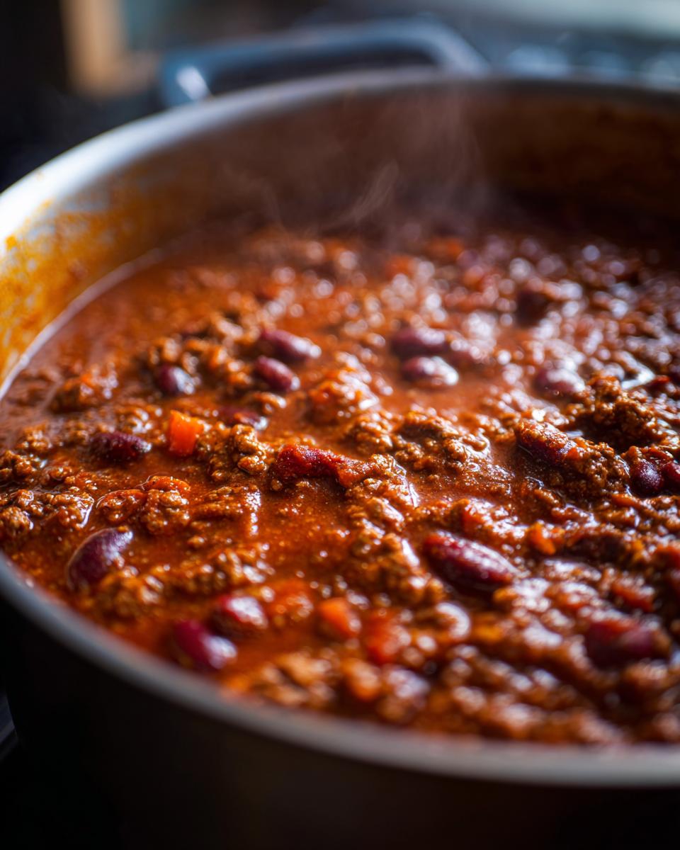 Close-up of rich, steaming chili simmering in a pot, featuring ground meat and kidney beans, part of the best chili recipe.