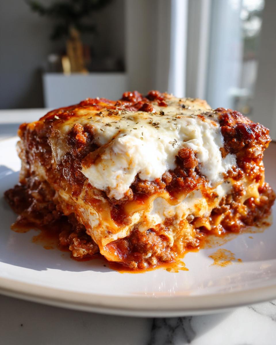 A generous square serving of rich skillet lasagna with layers of meat sauce and melted cheese, sprinkled with herbs.