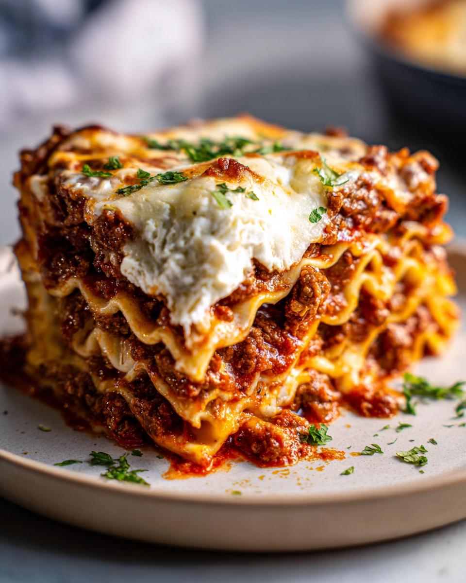 A thick, layered slice of skillet lasagna with rich meat sauce and melted cheese topping, garnished with parsley.