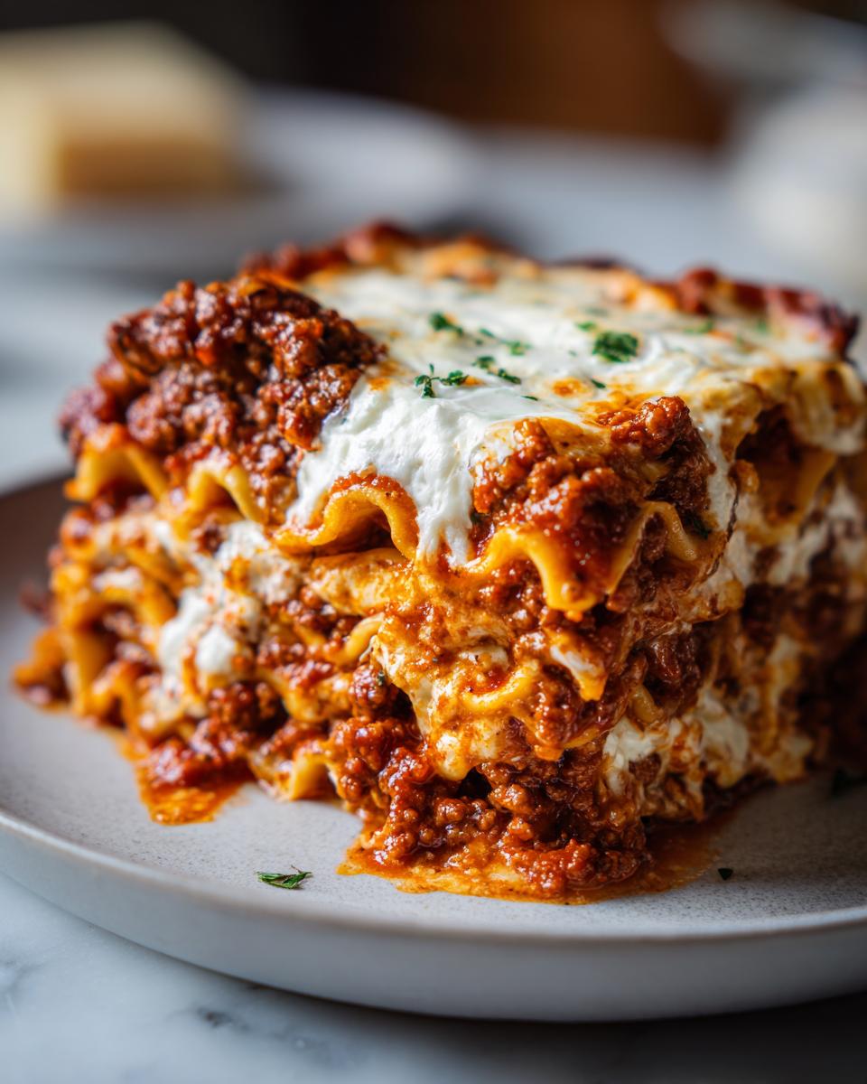 A close-up, appetizing serving of layered skillet lasagna topped with melted cheese and meat sauce.
