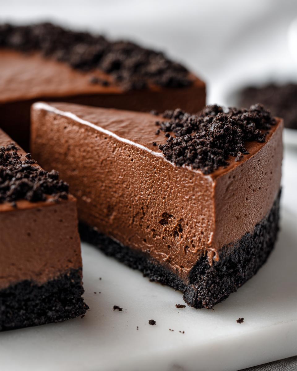 Close-up of a decadent slice of chocolate mousse pie showing the thick, airy filling and dark cookie crust.