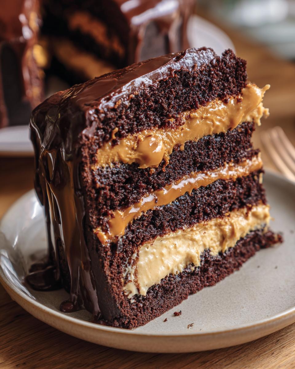 A decadent slice of chocolate peanut butter cake featuring three dark chocolate layers and creamy peanut butter filling, topped with chocolate ganache.