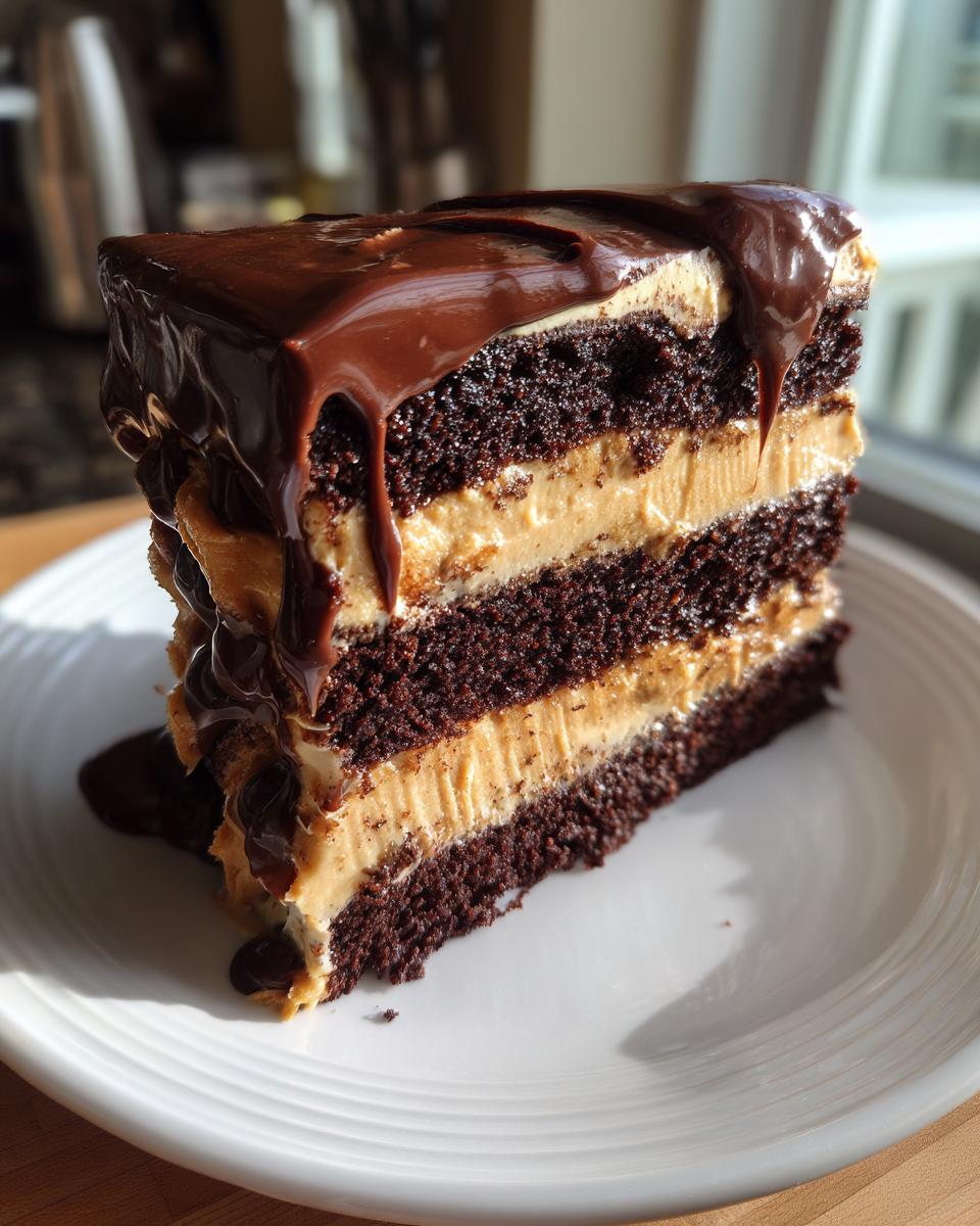 A tall slice of chocolate peanut butter cake with three layers of dark cake and peanut butter frosting, topped with rich chocolate ganache.