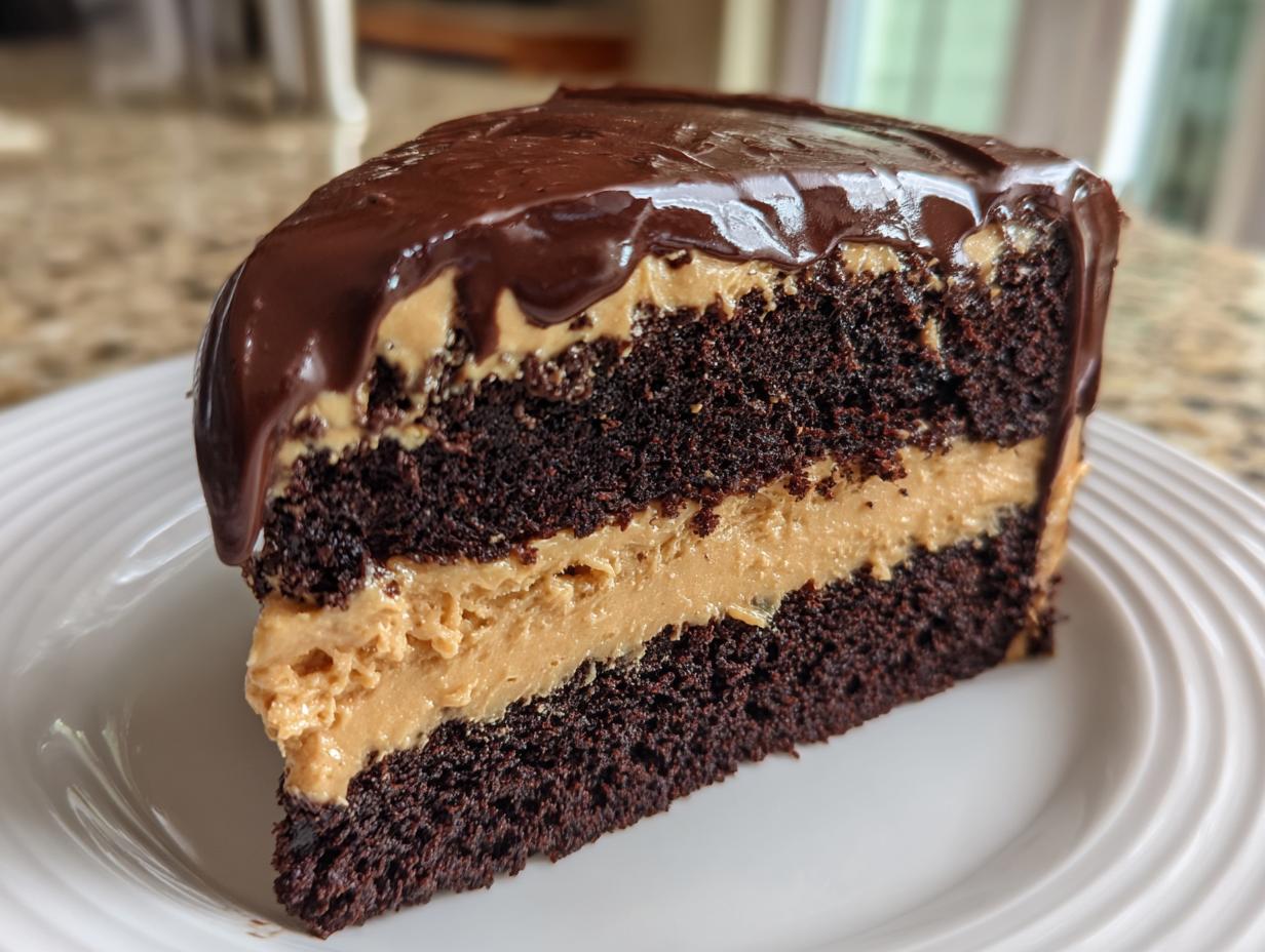 A close-up of a rich slice of chocolate peanut butter cake featuring dark layers and thick peanut butter filling.