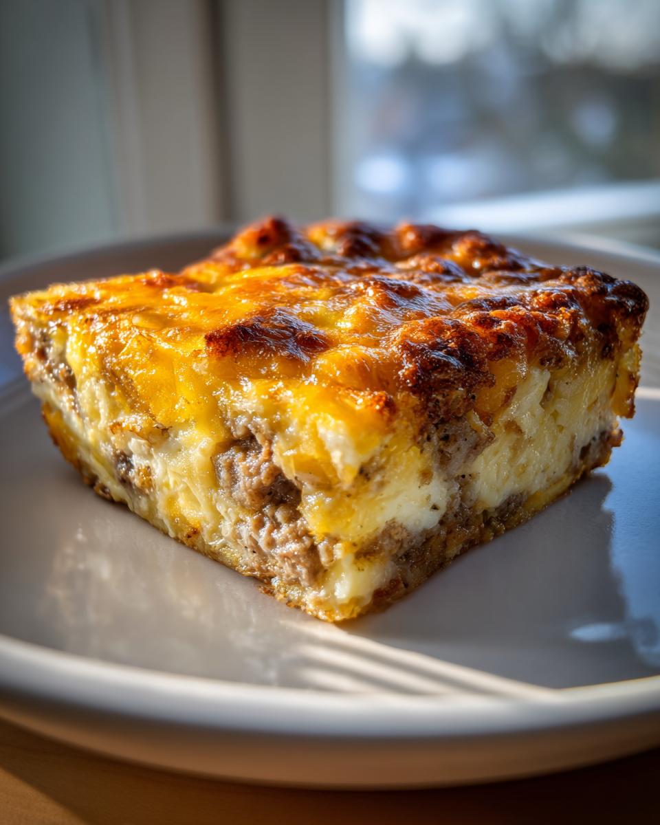 A close-up, sunlit slice of a baked christmas breakfast casserole with browned cheese and visible sausage filling.