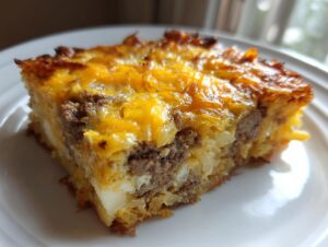 Close-up of a square slice of christmas breakfast casserole showing layers of sausage, potatoes, and melted cheddar cheese.
