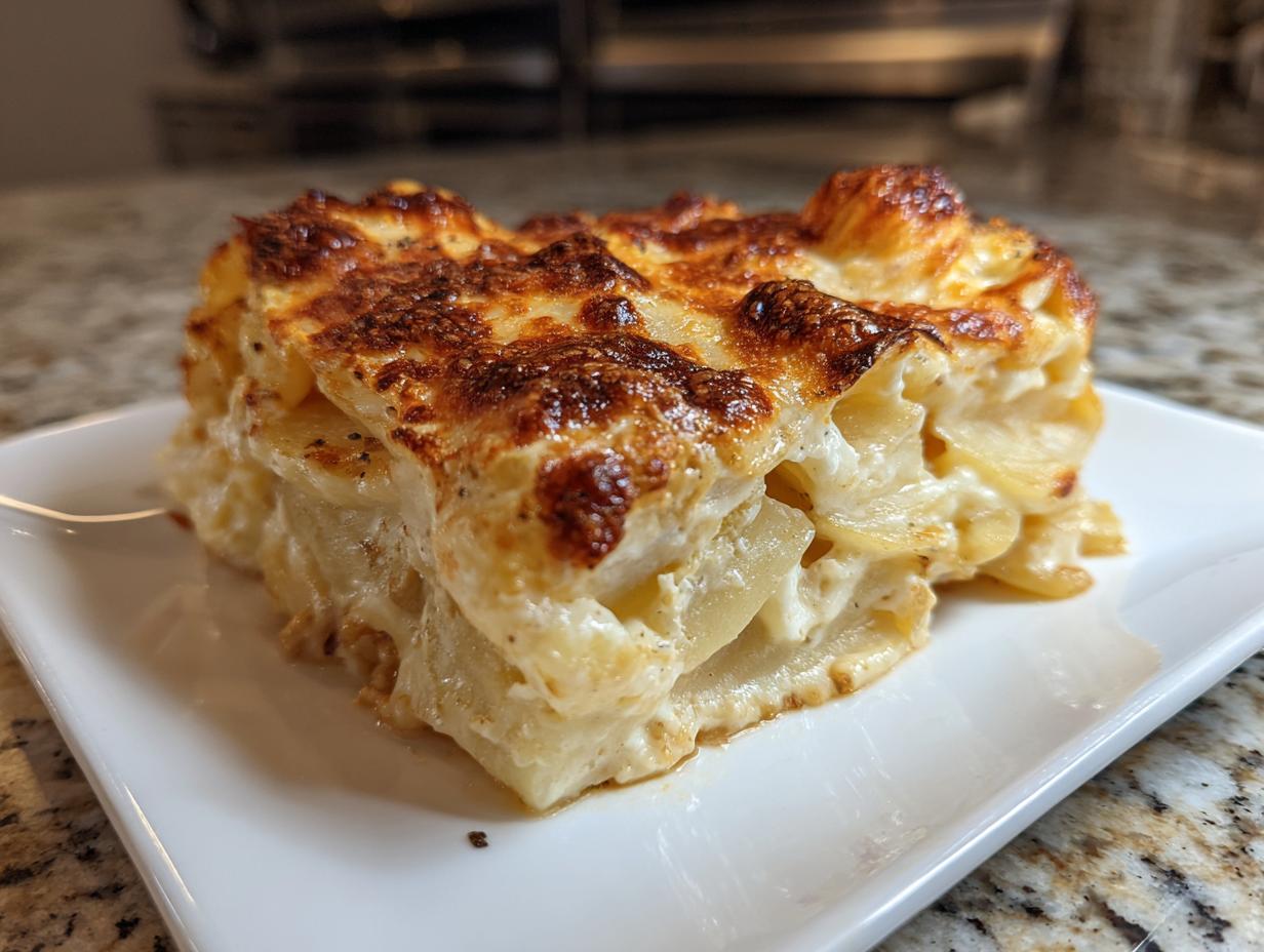 A perfect square slice of creamy potatoes au gratin with a deeply browned, cheesy top, served on a white plate.
