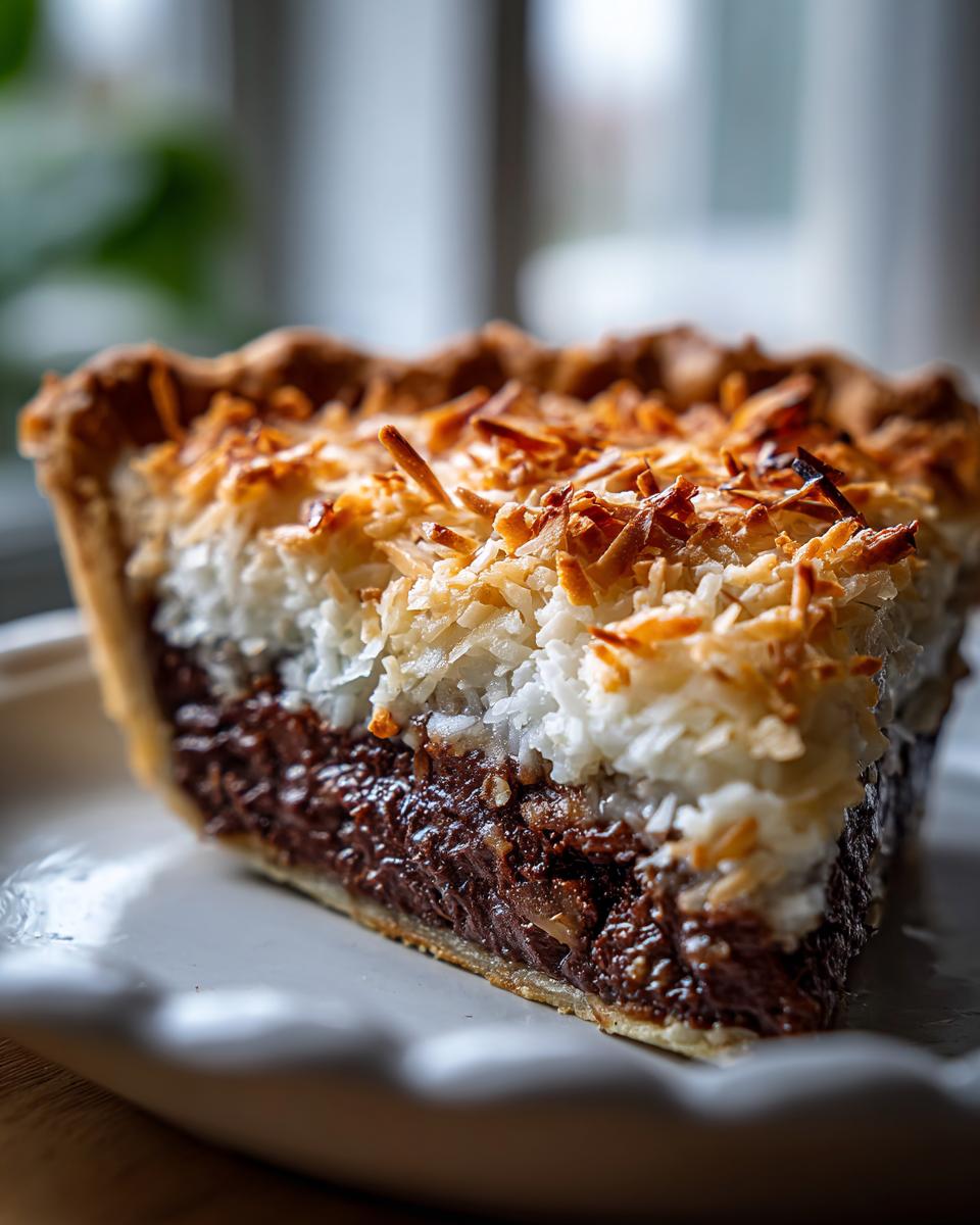 Close-up of a slice of german chocolate pie showing a dark chocolate filling and a thick layer of toasted coconut.