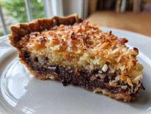 Close-up of a slice of german chocolate pie showing a dark chocolate layer topped with thick, toasted coconut filling.