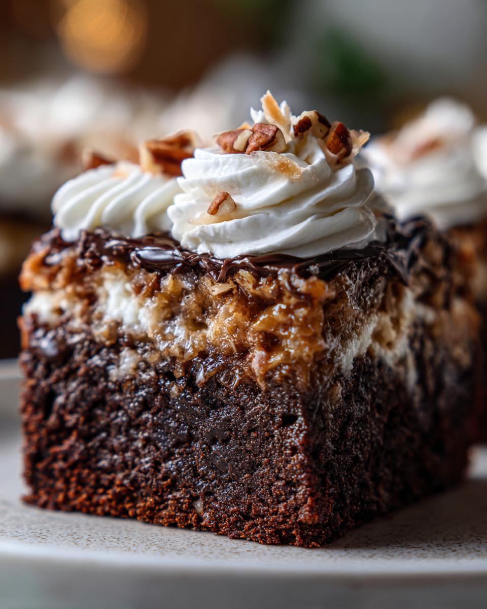 Close-up of a moist slice of german chocolate poke cake showing dark chocolate cake, coconut-pecan topping, and whipped cream.