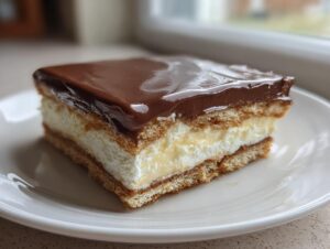 A close-up of a square slice of eclair cake showing graham cracker layers, vanilla pudding, and whipped cream, topped with shiny chocolate frosting.