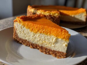 A beautiful slice of pumpkin cheesecake showing a thick graham cracker crust, creamy white layer, and bright orange pumpkin topping.