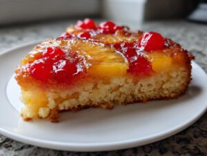 A moist slice of pineapple upside down cake topped with caramelized pineapple rings and bright red maraschino cherries.