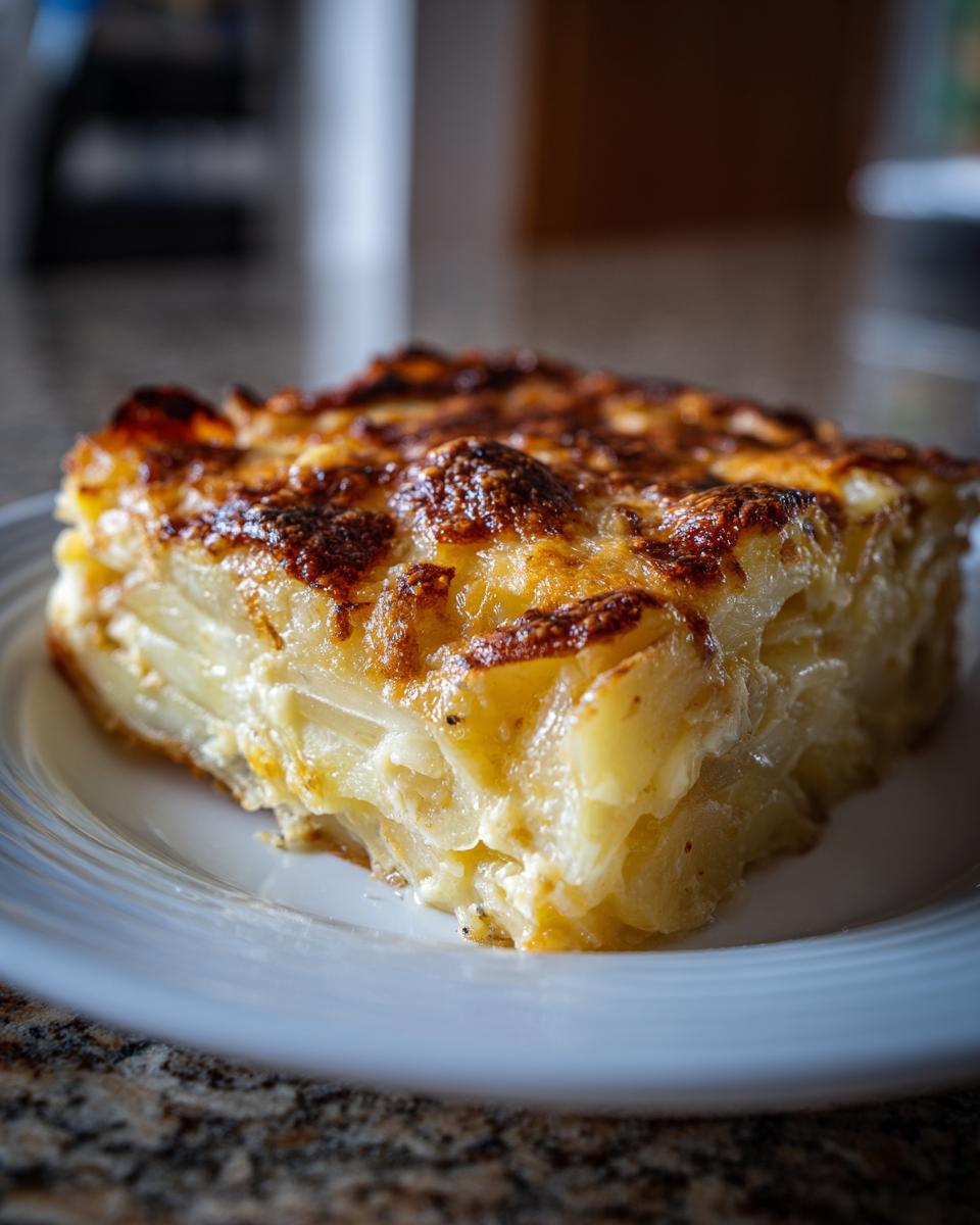 A thick, square slice of creamy potatoes au gratin with layers of tender potatoes and a deeply browned, cheesy crust.
