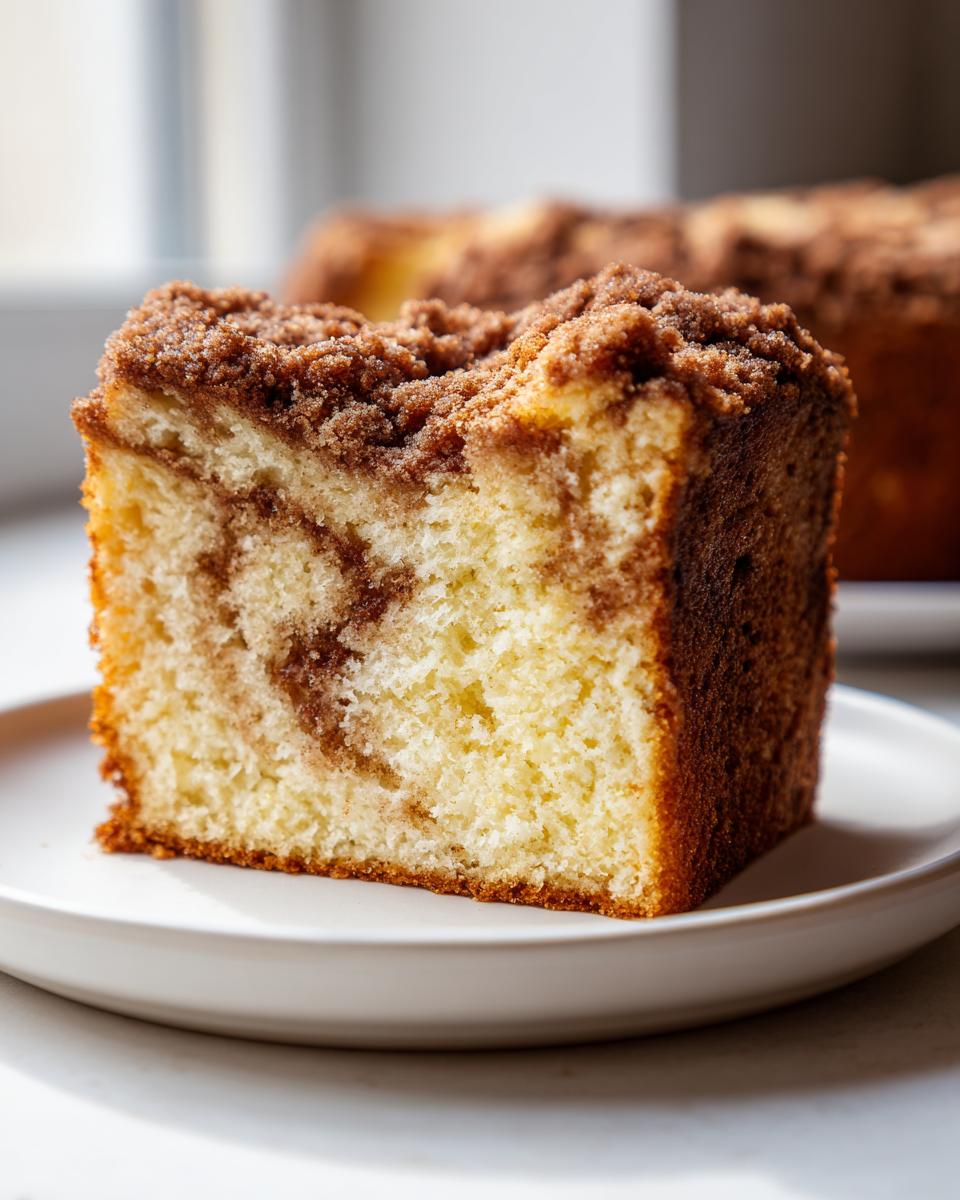 Close-up of a moist slice of sour cream coffee cake featuring a cinnamon swirl and thick brown sugar crumb topping.