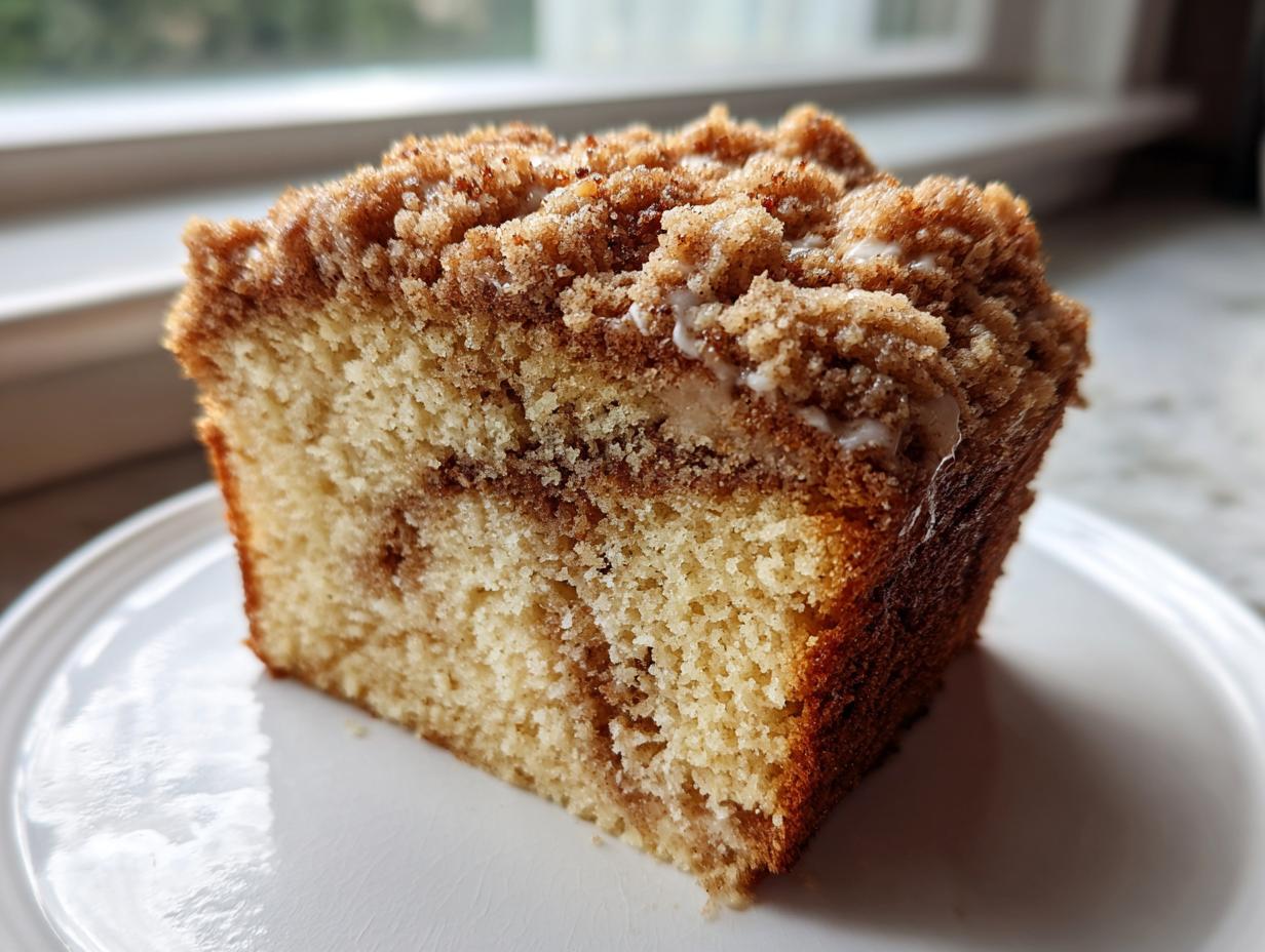 A close-up of a moist slice of sour cream coffee cake featuring a thick cinnamon streusel topping.