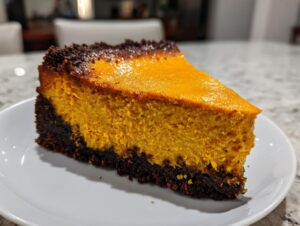 A close-up slice of vibrant orange sweet potato cheesecake resting on a white plate, featuring a dark chocolate crust.