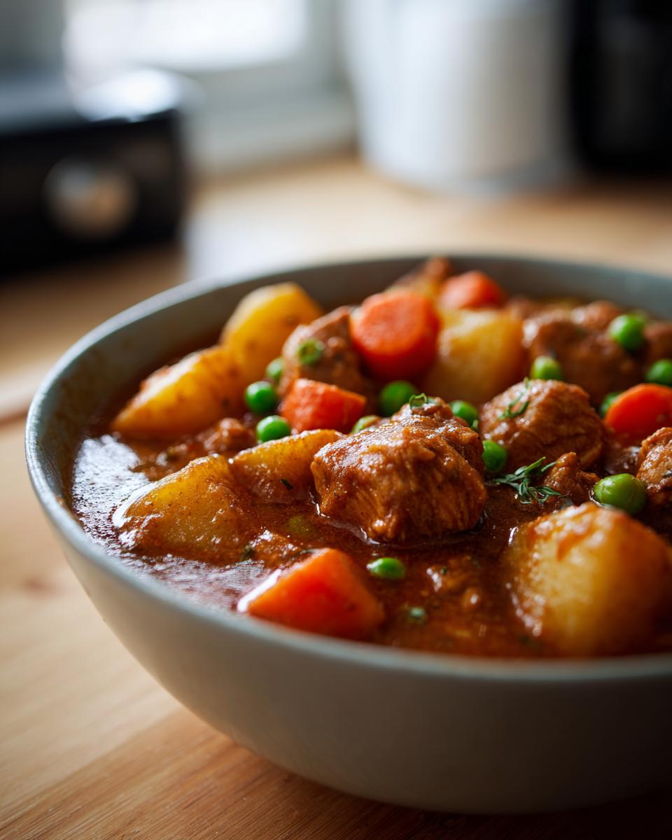 Close-up of a bowl filled with rich, savory slow cooker chicken stew featuring chunks of chicken, potatoes, carrots, and peas.