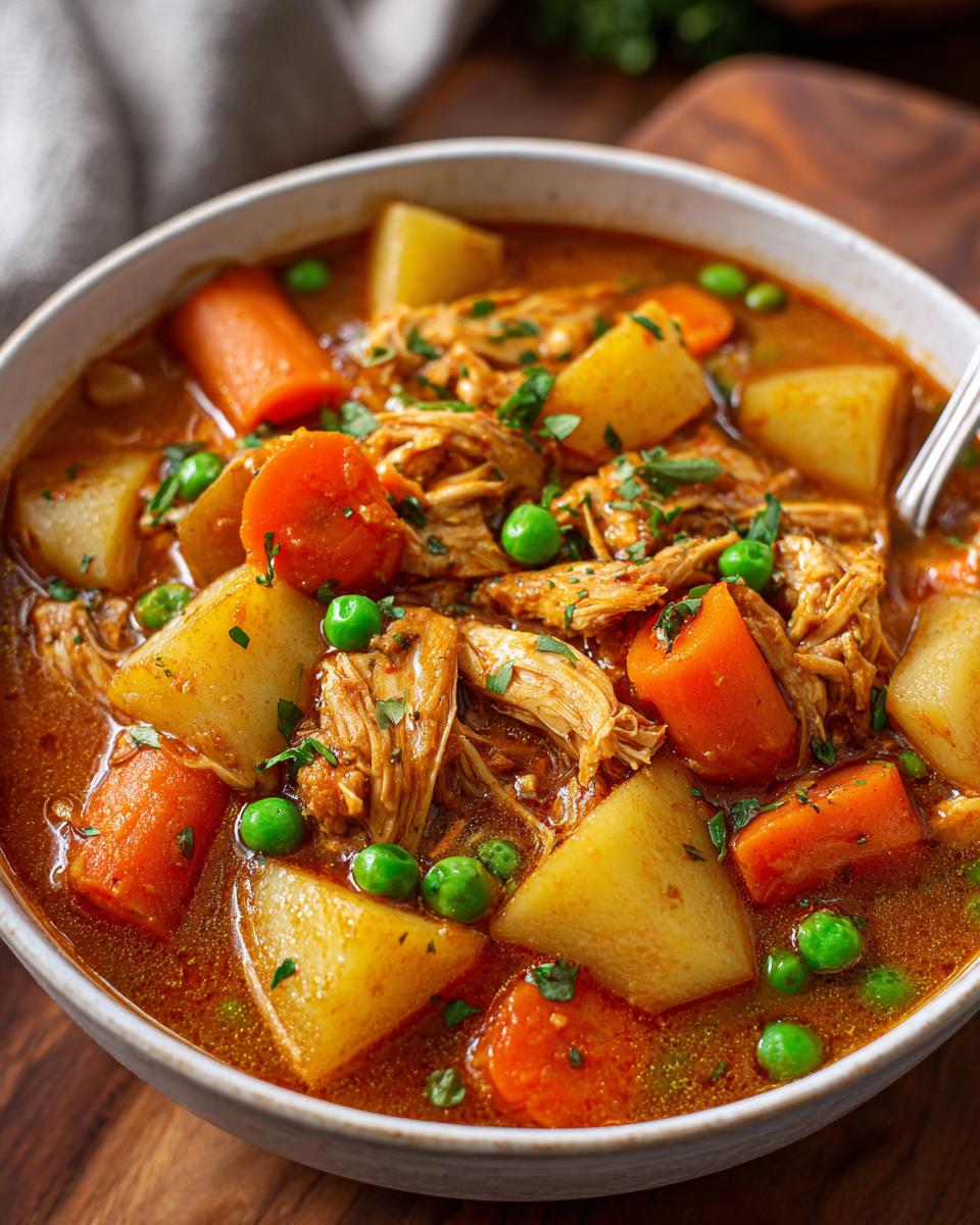 Close-up of a bowl filled with rich, savory slow cooker chicken stew featuring shredded chicken, chunks of potato, carrots, and peas.