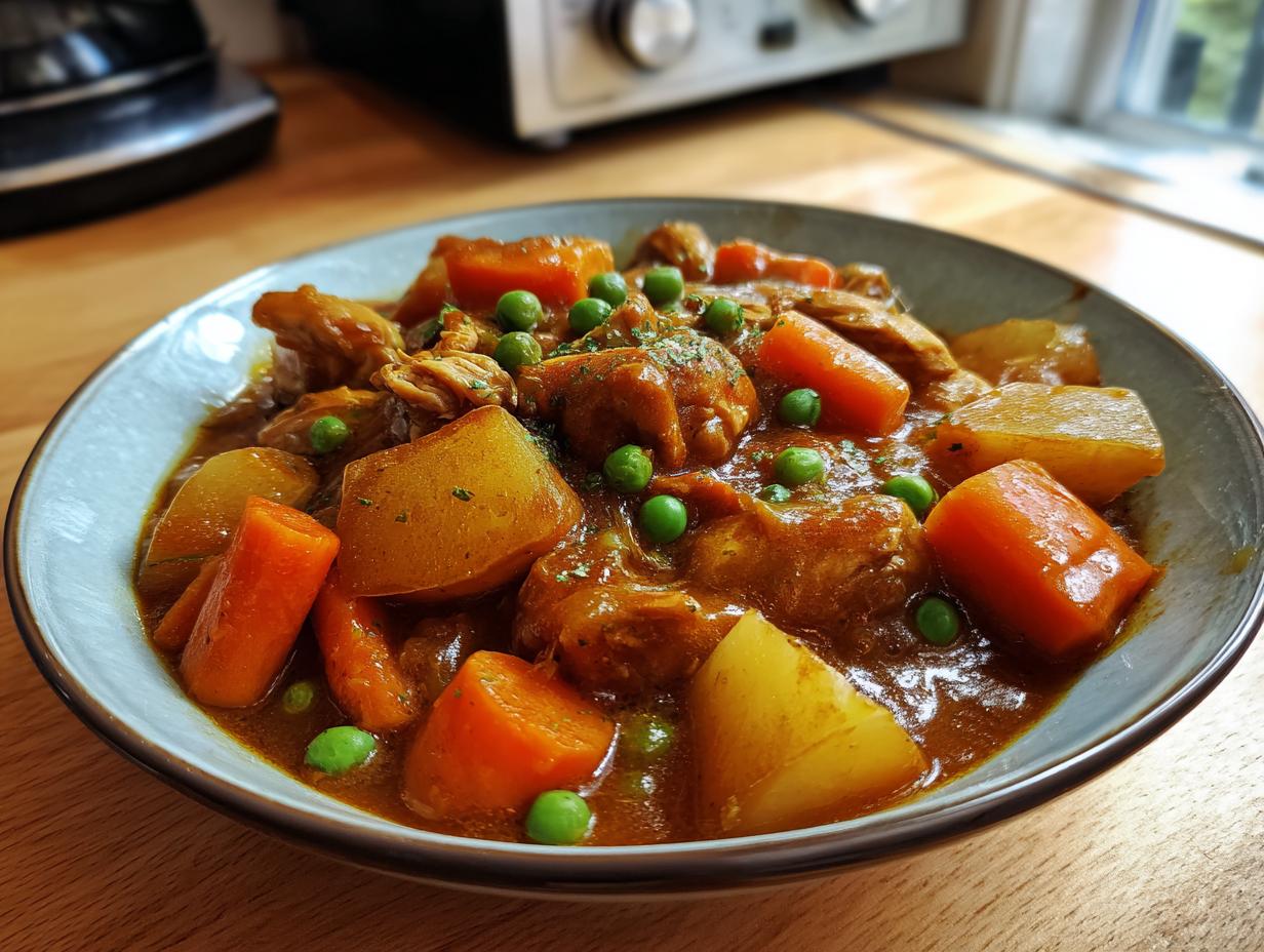 A close-up of a bowl filled with rich, savory slow cooker chicken stew featuring chunks of chicken, potatoes, carrots, and peas.