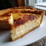 A close-up of a creamy slice of custard pie dusted with cinnamon, next to the rest of the pie.