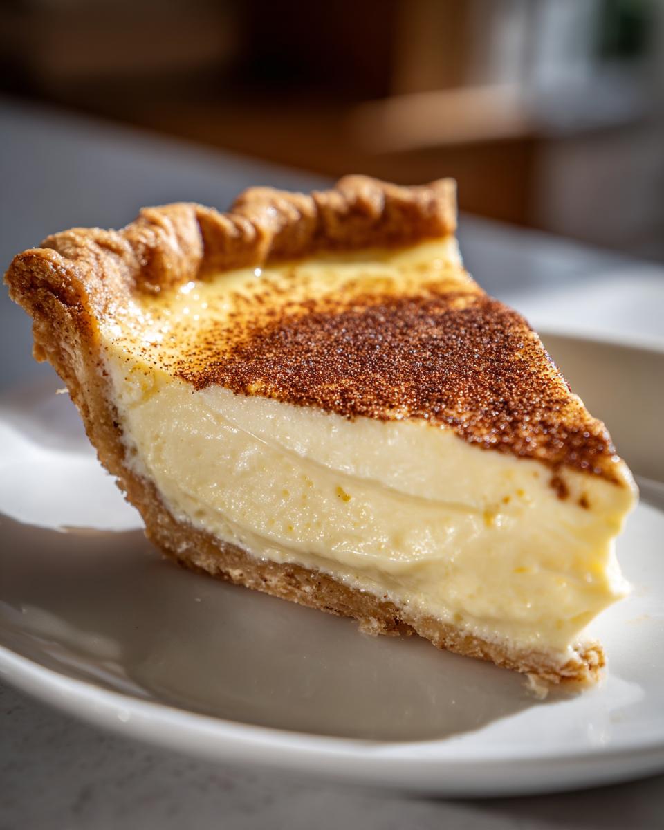 A close-up of a thick slice of smooth custard pie with a golden crust and cinnamon sprinkled on top.