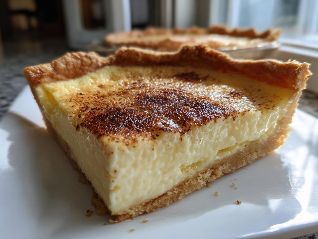 A close-up slice of smooth, creamy custard pie with a golden crust, dusted with cinnamon.