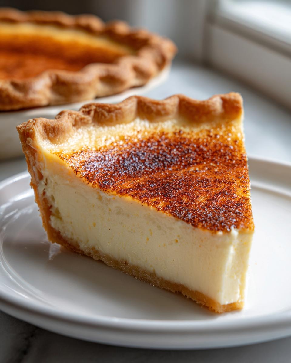 A perfect slice of smooth custard pie with a golden, caramelized, torched sugar top served on a white plate.