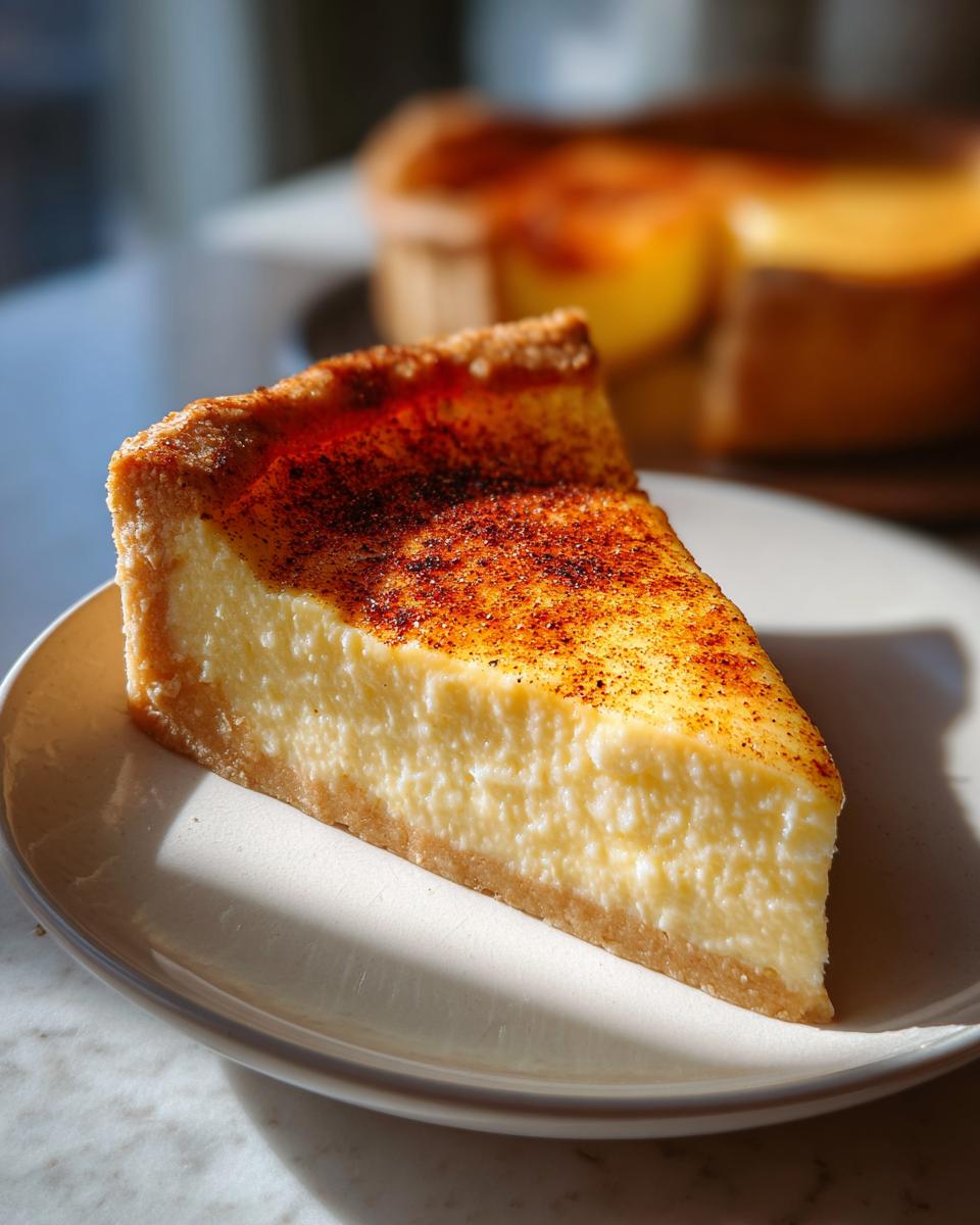 A close-up slice of smooth custard pie with a graham cracker crust and a lightly torched, spiced top.