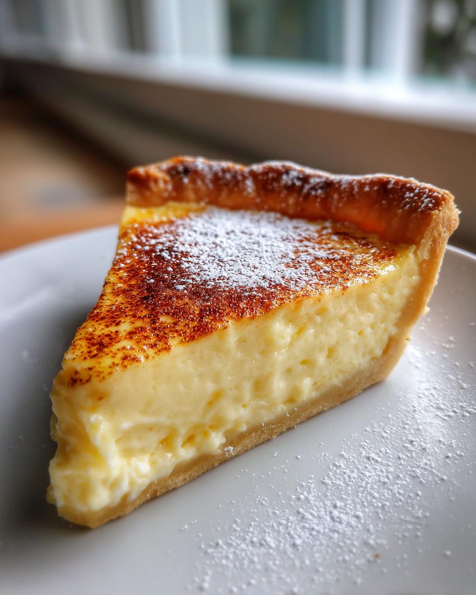 A close-up slice of smooth custard pie with a browned top, dusted with powdered sugar.