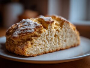 Close-up of a thick slice of golden brown soda bread with a dusting of flour on top, resting on a white plate.