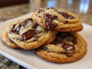 A stack of three soft pudding cookies loaded with gooey, melted chocolate chunks and sprinkled with sea salt.