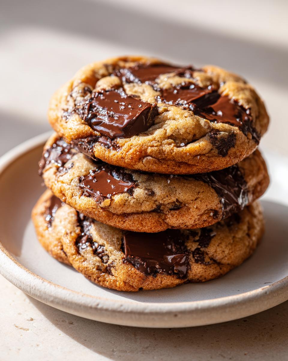 A stack of three soft, thick pudding cookies topped with large, melted chocolate chunks and sea salt.