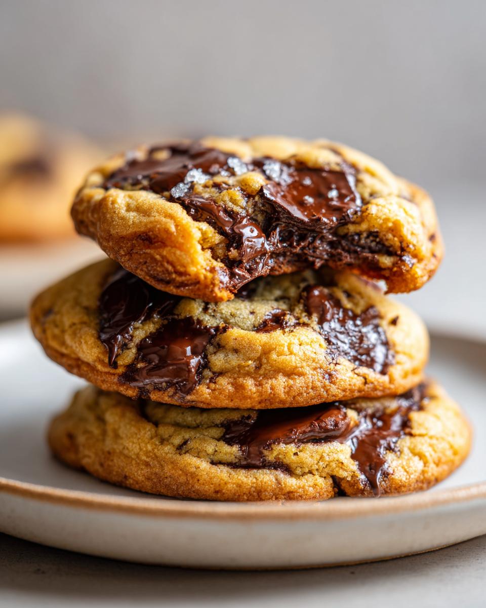 A stack of three soft, gooey chocolate chip pudding cookies with melted chocolate pools.