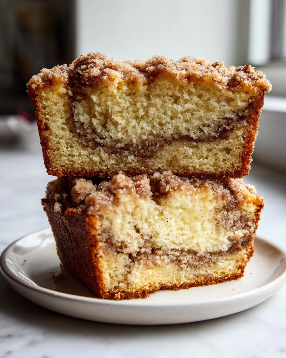 Two stacked slices of moist sour cream coffee cake featuring a thick cinnamon swirl and crunchy streusel topping.