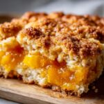 A close-up, mouth-watering shot of a square serving of southern peach cobbler showing juicy peaches and a thick, sugary crumb topping.