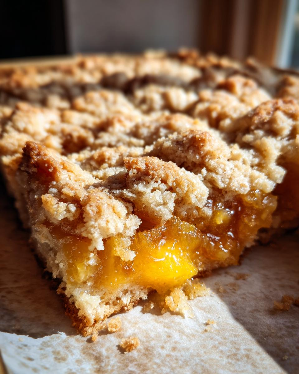 A close-up, sunlit view of a slice of southern peach cobbler showing the thick, gooey peach filling and crumbly topping.