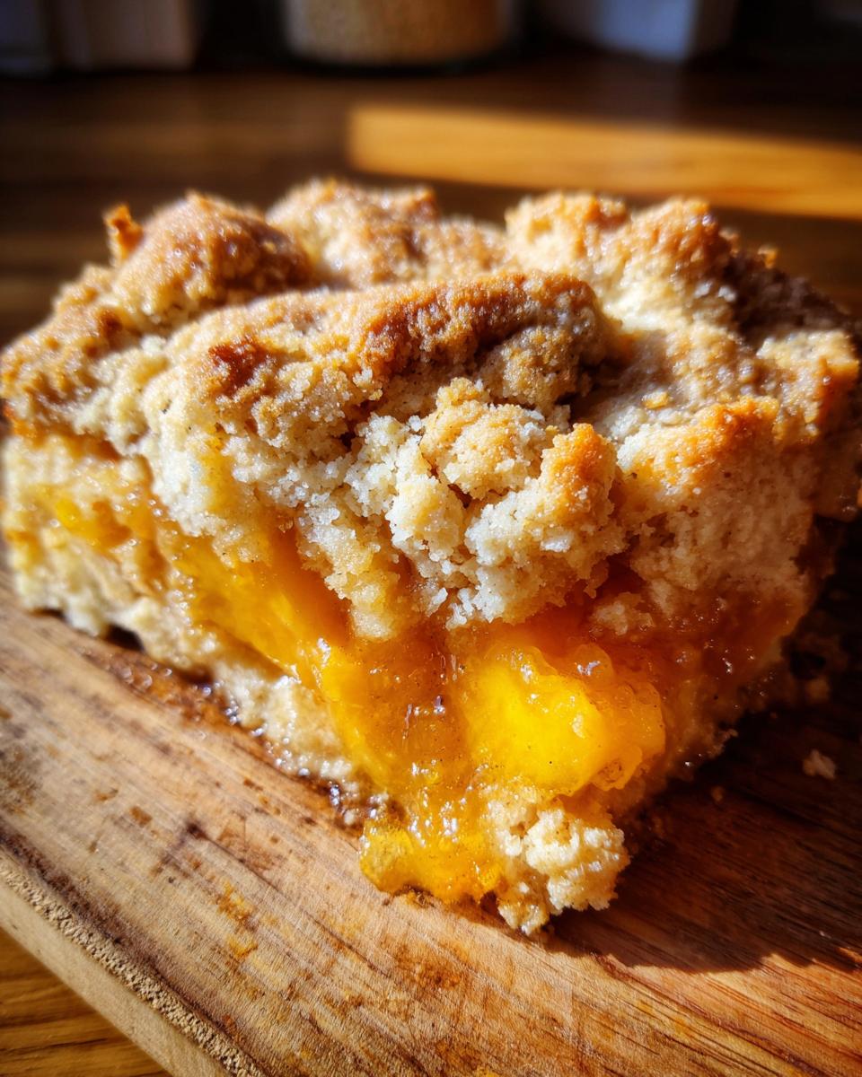 A close-up, sunlit shot of a serving of southern peach cobbler with a crumbly topping and gooey peach filling.