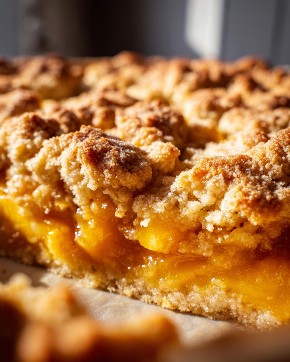 A close-up, macro shot showing the golden, crumbly topping and juicy peach filling of a southern peach cobbler.