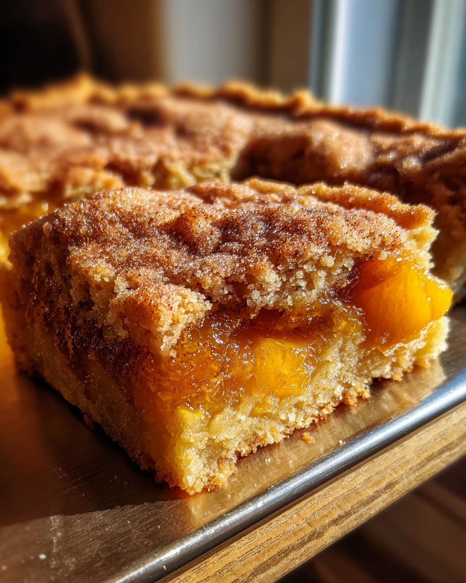 A close-up view of a square slice of southern peach cobbler showing the gooey peach filling and cinnamon-sugar crust.