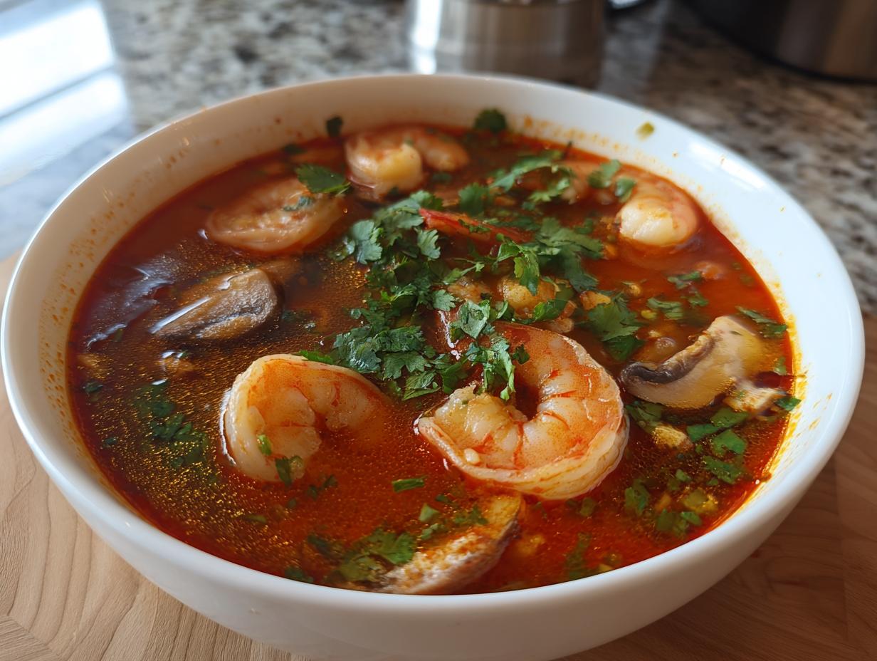 Close-up of a white bowl filled with bright red tom yum soup, featuring large shrimp and mushrooms, garnished with cilantro.