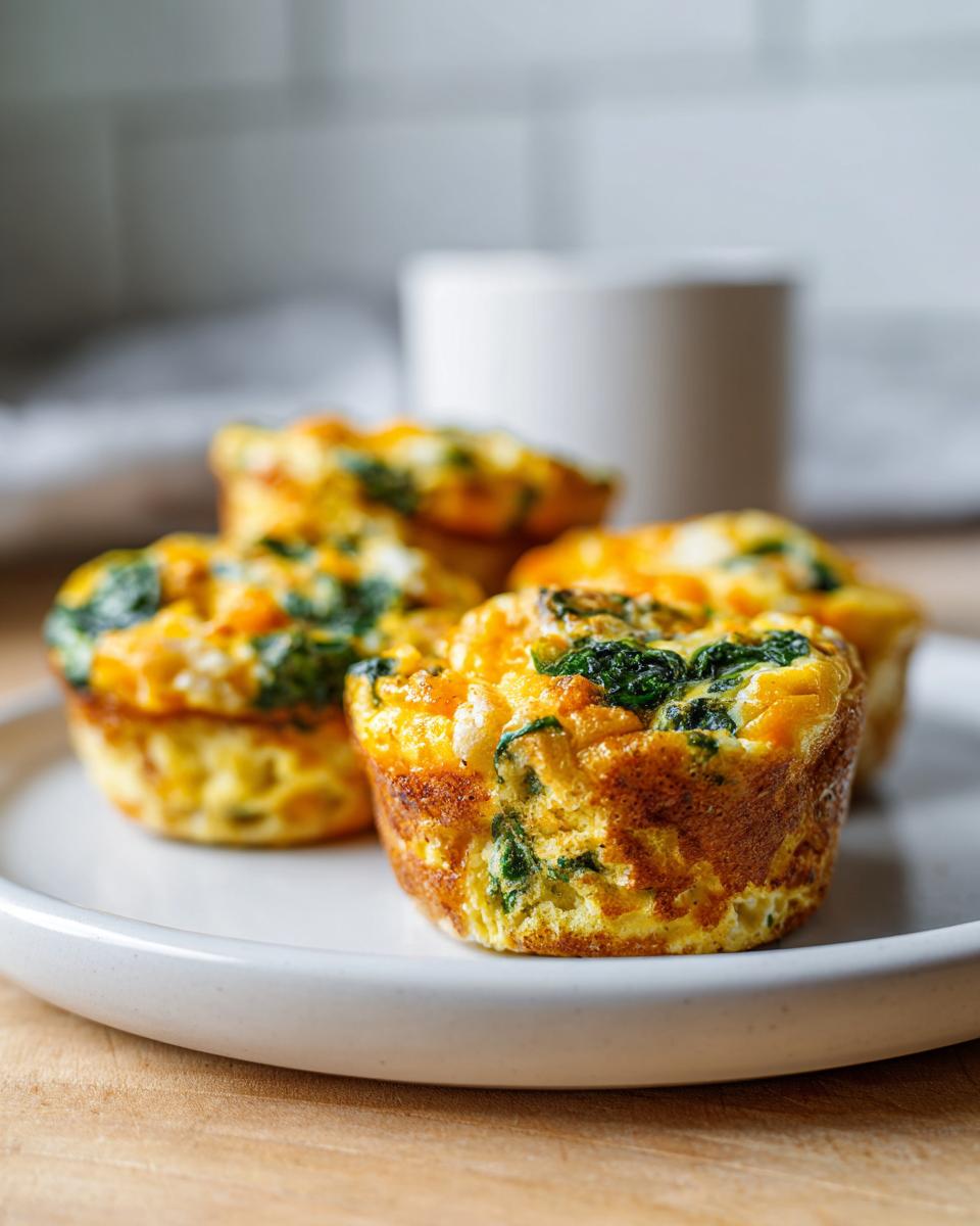 Four golden brown spinach and cheese egg muffin cups resting on a white plate, perfect for a power boost breakfast.