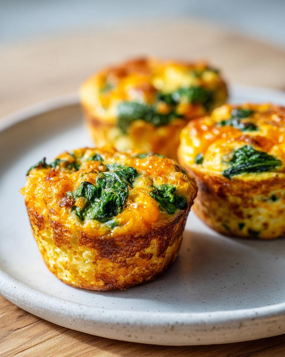 Three golden-brown spinach and cheese egg muffin cups served on a speckled white plate.