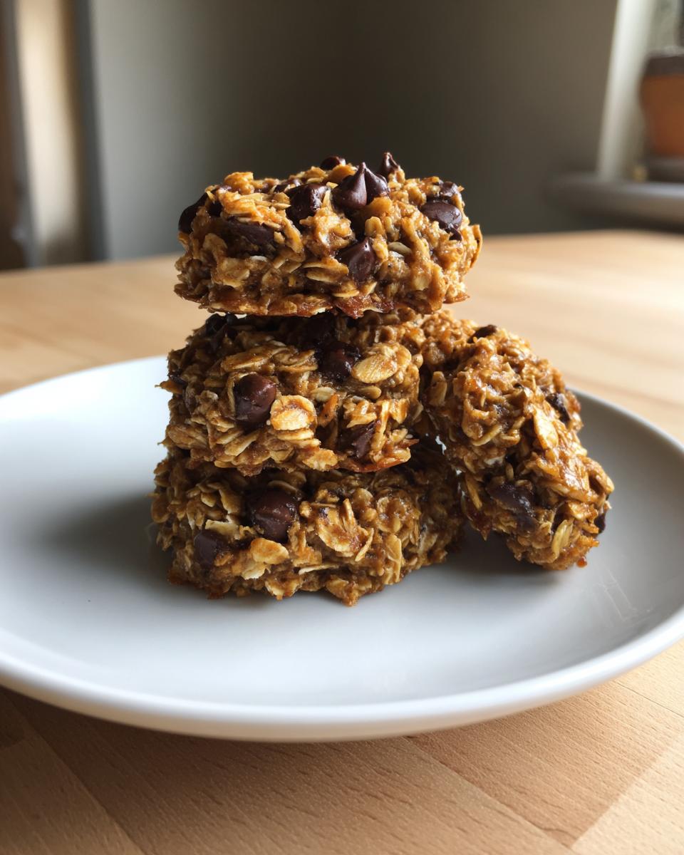 A stack of four homemade breakfast cookie made with oats and chocolate chips resting on a light gray plate.