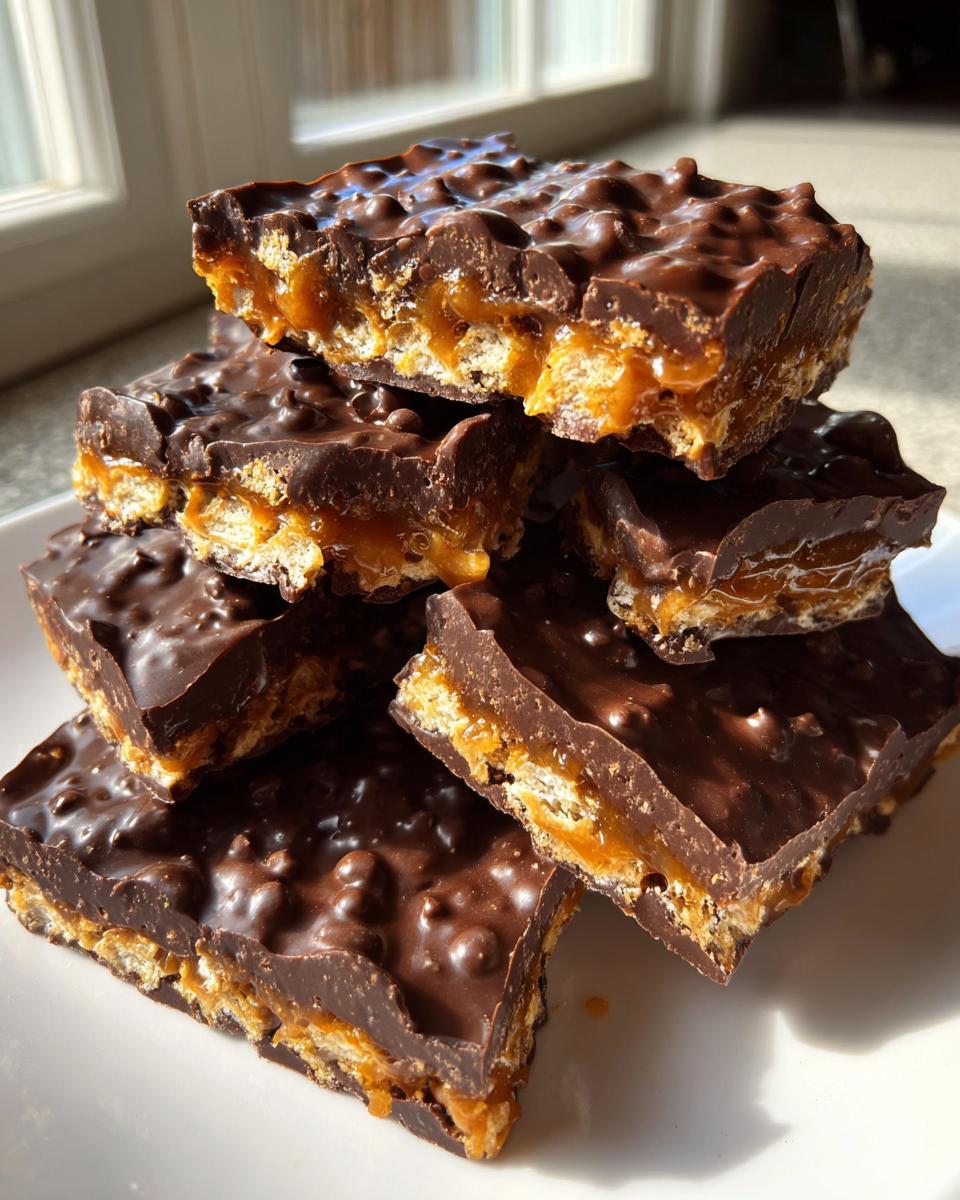 A stack of rich, broken pieces of saltine cracker toffee showing the gooey caramel layer and bumpy chocolate topping.