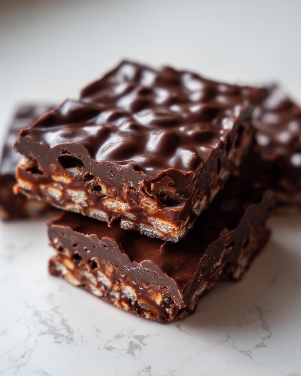 Two stacked squares of rich saltine cracker toffee showing the crunchy base and thick, glossy chocolate topping.